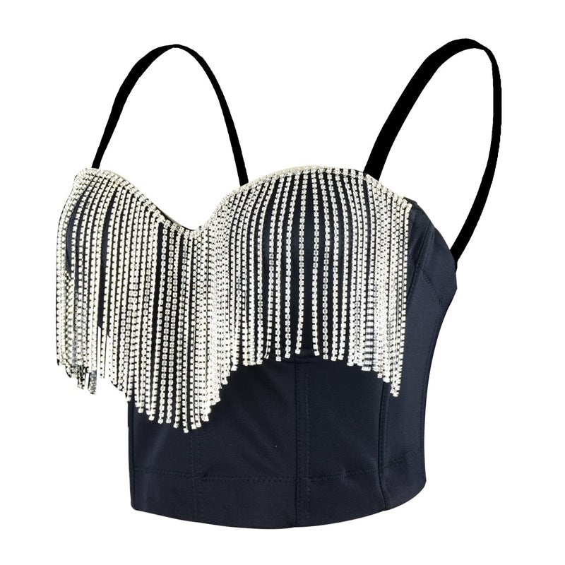ELLACCI Women's Tassel Rhinestone Smooth Bustier Crop Top Corset Top Bra Black Medium - Image 1